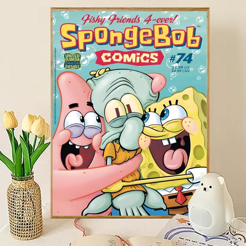 Animated Cartoon S-Sponge-Bob Poster Sticky Wall Art Printing Waterproof Modern Aesthetic Home Living Bedroom Decor Trendy Room Decoration Gift Durable High Quality