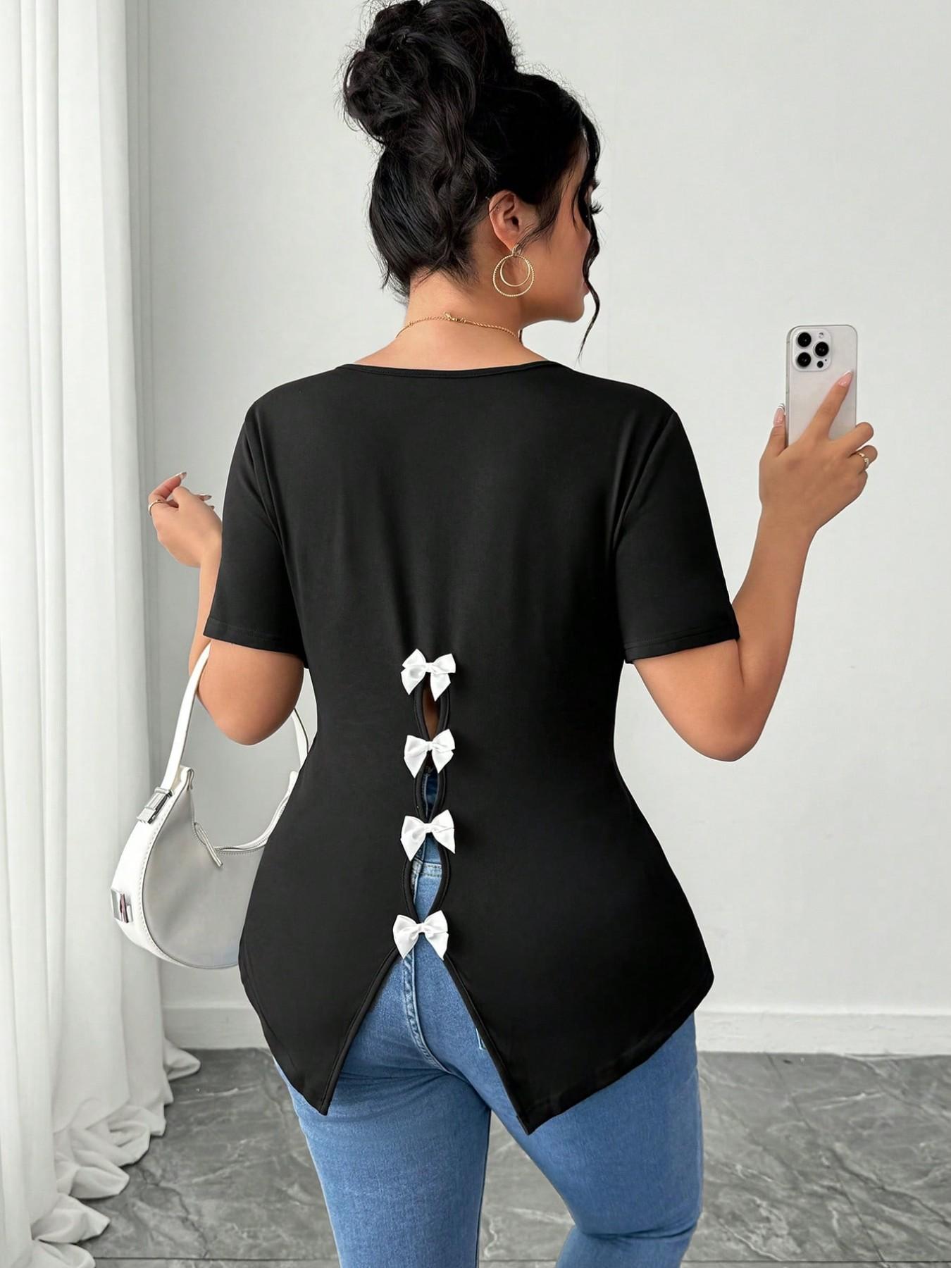 Plus Size Women's Back Bow Short Sleeve T-Shirt, Asymmetrical Hem Slimming Top, Casual Summer Fashion, Comfortable and Stylish