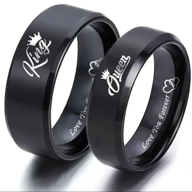Titanium Steel Engraved King-Queen Letters Heart-to-Heart Couple Ring, Personalized Unisex Jewelry, Titanium Wedding Band, Anniversary Gift for Him