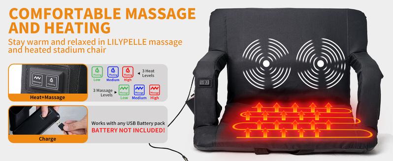 Lilypelle 2 Pcs Heated Massage Stadium Seats, Bleacher Seat with Back & Arm Support, 3 Levels of Heat&Massage, 6 Reclining Positions Stadium Seating Bleacher Seats for Sports Events, Outing, Hiking（Power Bank is Not Included)