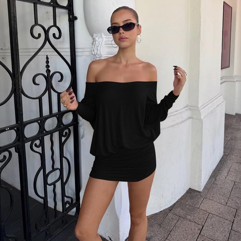 Women's Sheer Ruched Casual Party Dress, Off-The-Shoulder Long Sleeve Fit Women's Mini Dress for Spring & Fall, Womenswear Fashion, Lady