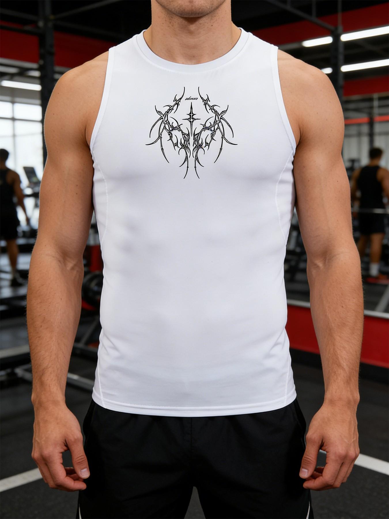 Y2K Aesthetic Compression Tank Top Men Summer Athletic Quick Dry Sleeveless Gym Workout Vest Gothic Tribal Star Cross and Thorn Graphic Print Sport Muscle Tee