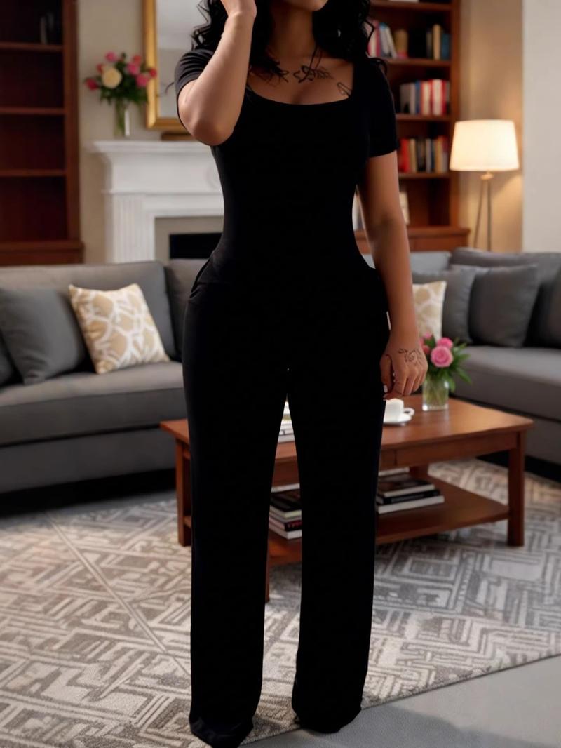 Women's Sexy Fitted Short Sleeve Jumpsuit, Plain Low Neck Pocket Design, All Season Fashion, European & American Style