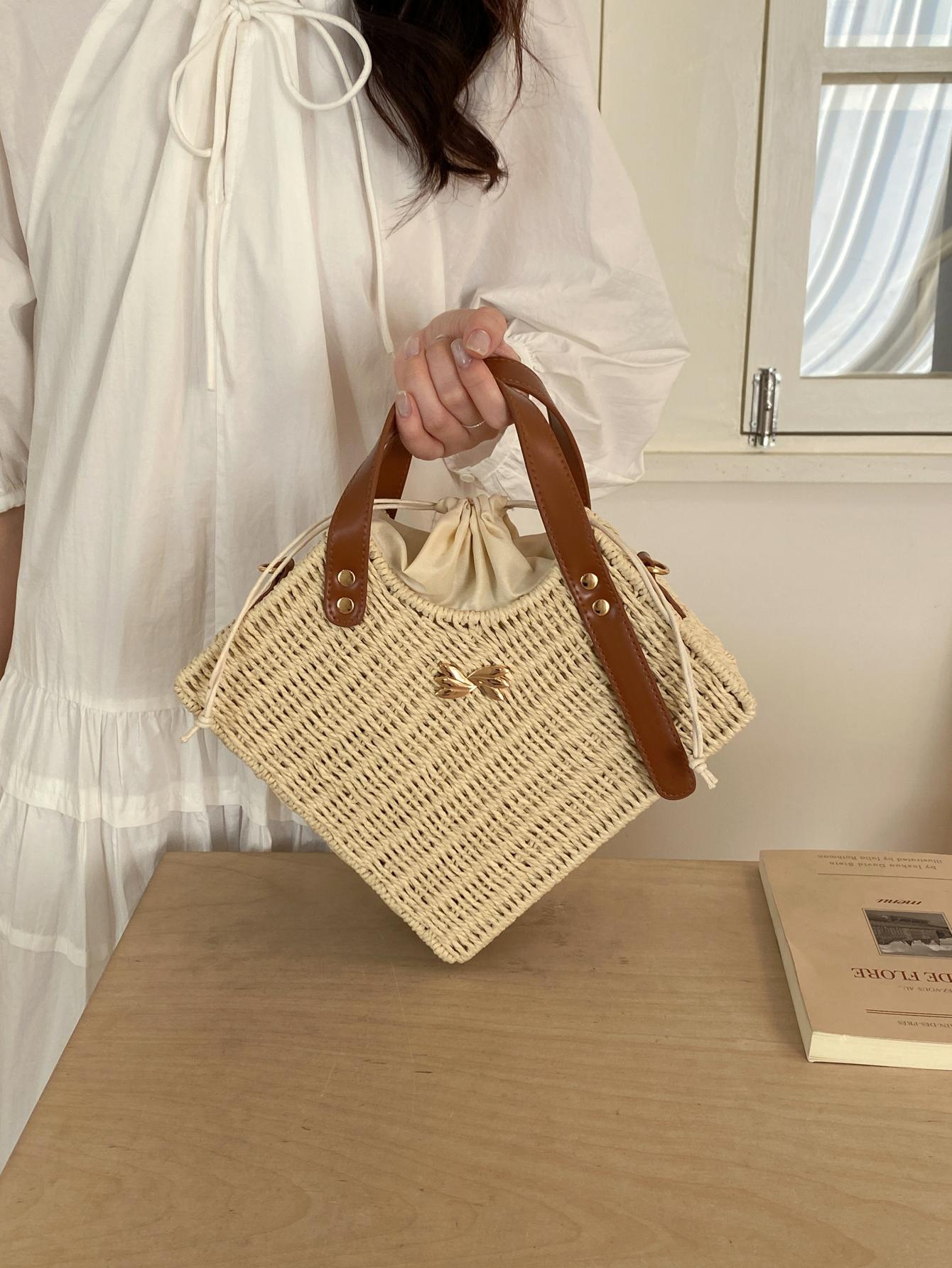 Woven Drawstring Bucket Bag, Vintage Style Handbag, Crossbody Shoulder Bag, Spring Summer Commute Vacation Essential, Women's Fashion Accessory