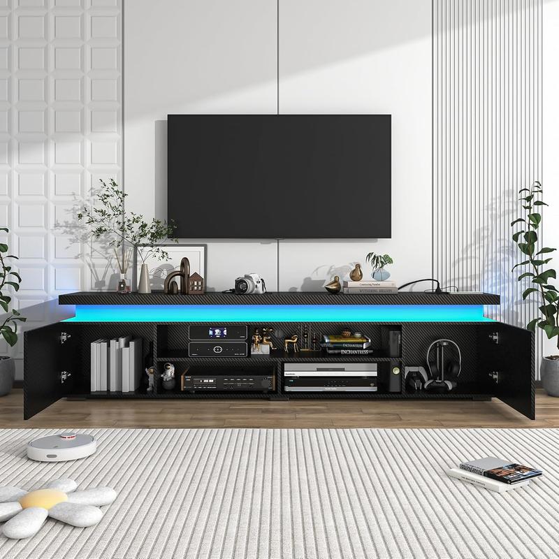 LED TV Stand for 75/85/95 Inch TV,66/73/83 Inch Modern Gaming TV Stand with Power Outlet, High Gloss TV Console Entertainment Center with Storage for Living Room, Bedroom Table Furniture