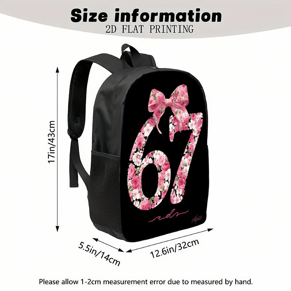 1pc Kawaii Cute Backpack with 67 Number & Pink Rose Bow - Floral Print School Bag, Lightweight Durable Bookbag for Teen, for Back to School, College, Campus, Adjustable Straps & Numbered Design for Identification, for Teenager