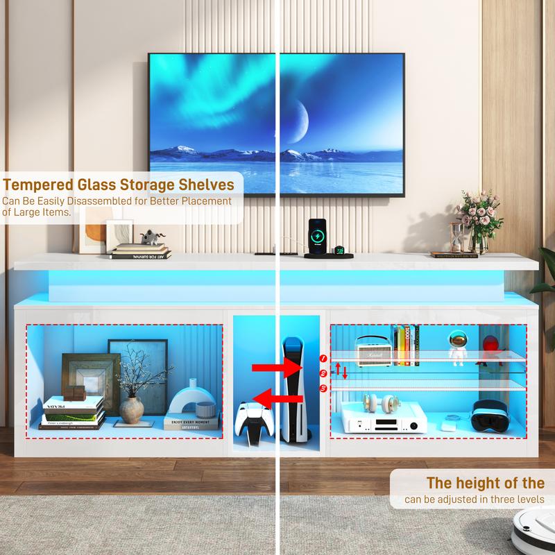 71" LED TV Stand with Power Outlet,60-Colors LED Lights For 65 70 80 in TV,High Gloss Gaming Entertainment Center w/Adjustable Shelves,TV Console with Modern Design for Living Room Bedroom (Black/White)
