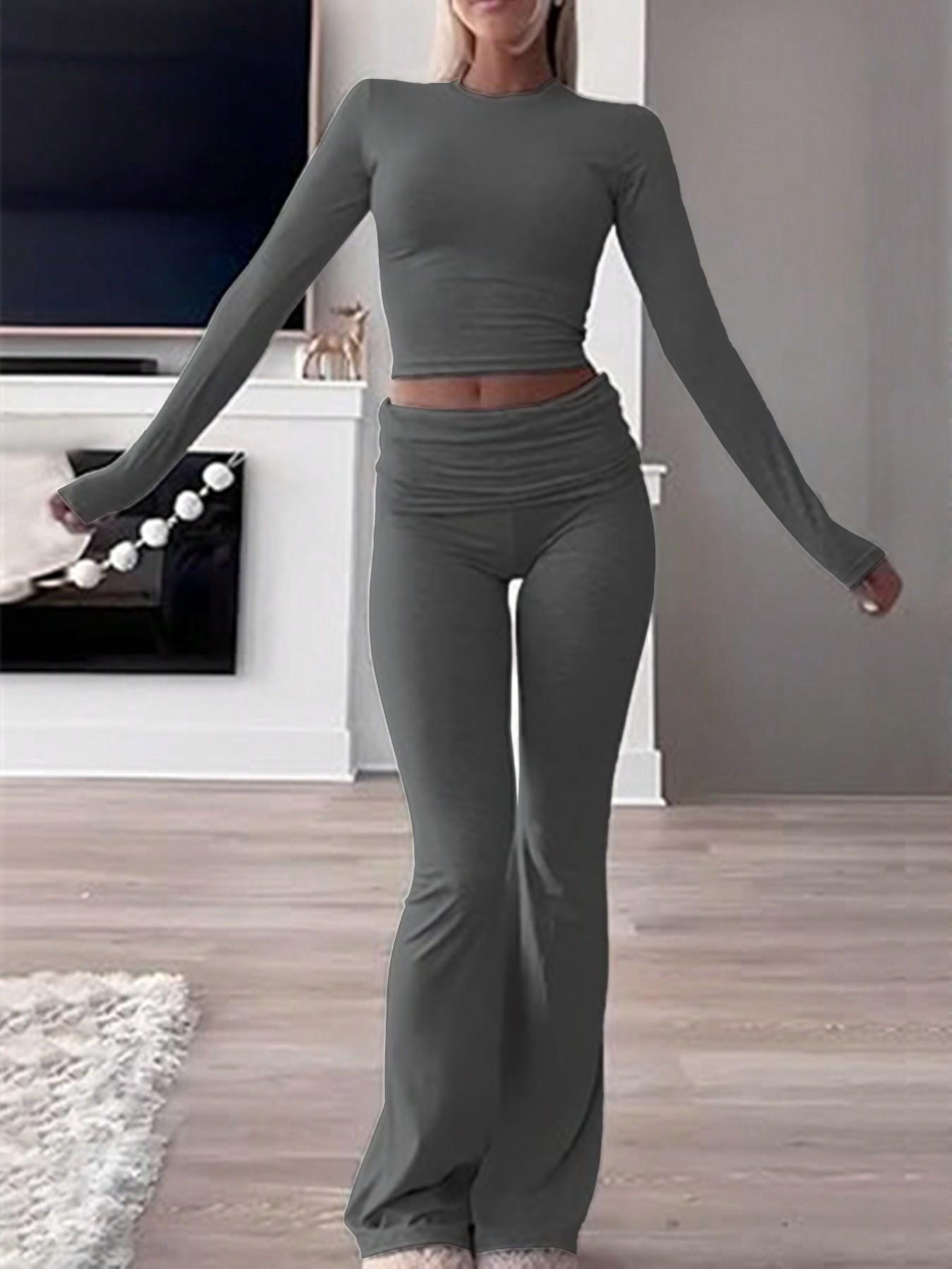 Women's 2 Piece, Foldover Flare Pants & Long Sleeve Crew Neck T-Shirt, Fitted Pajama Sets, Casual Comfortable Sleepwear