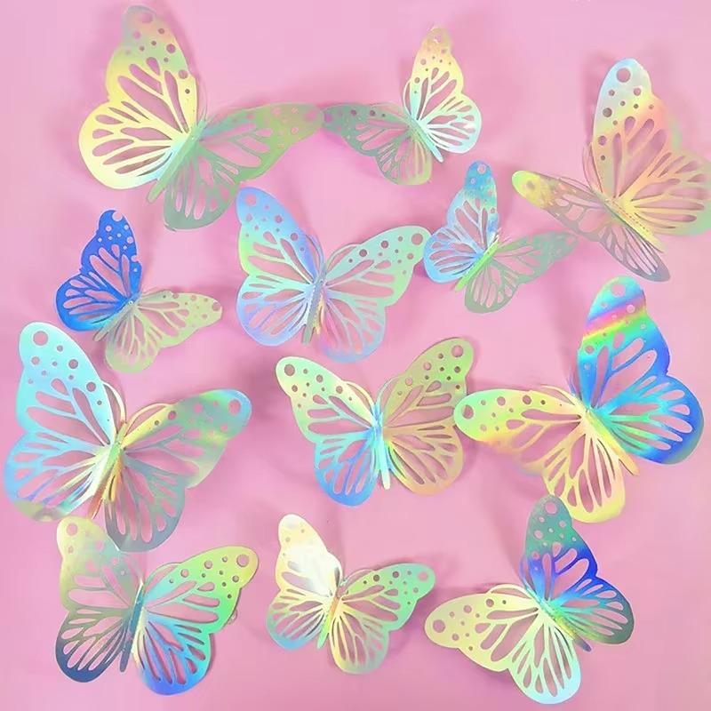 12pcs/set Folding Rose Gold Butterfly Cake Toppers Illusion Butterflies Holiday Party Decoration Supplies