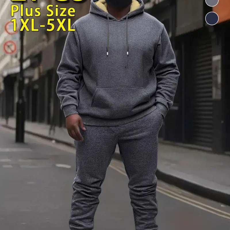 Men's Fall Winter Two-Piece Set, Hooded Plush Jacket & Casual Pants, Plus Size, Multiple Colors, Ideal for Outdoor Activities