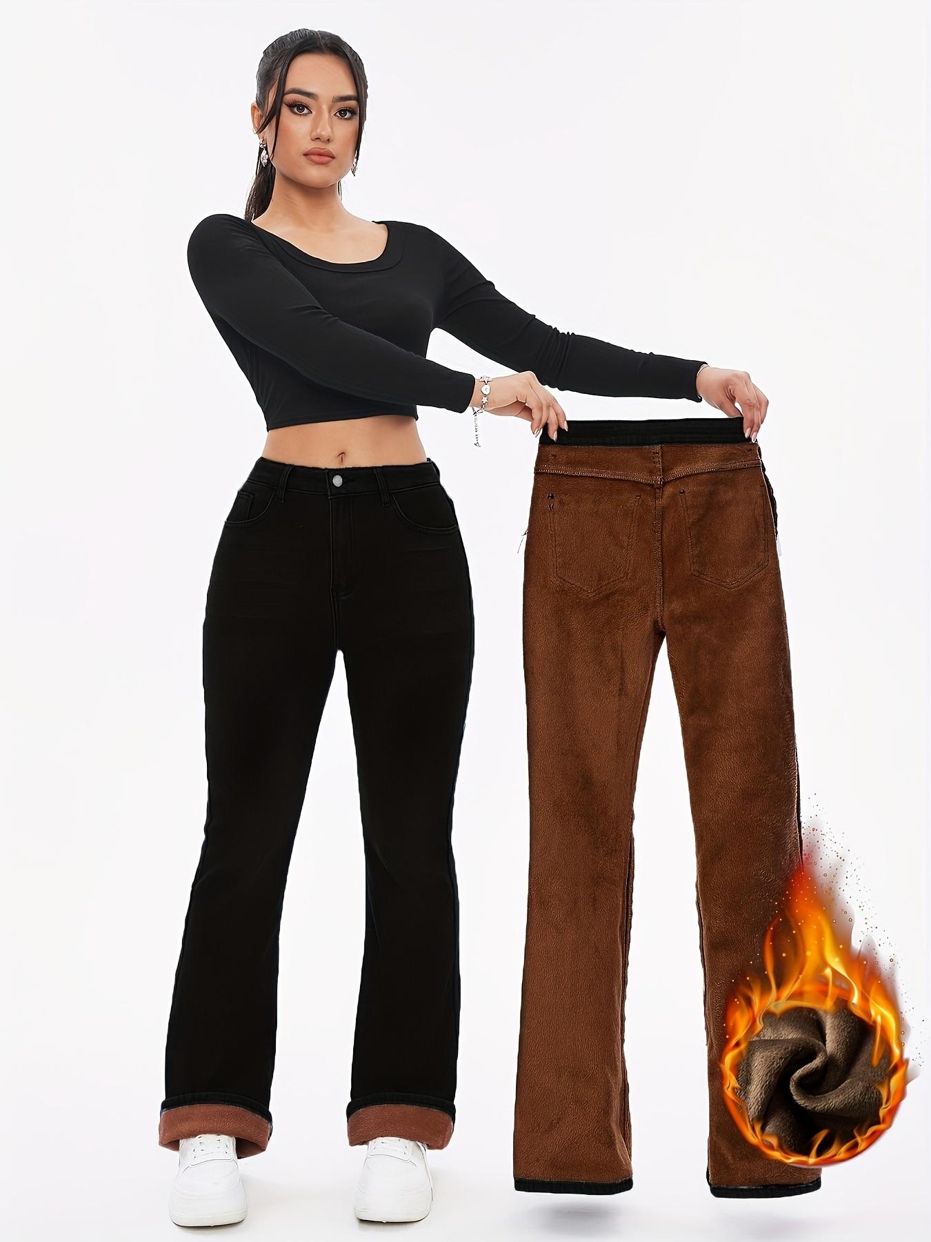 Women's Fall Winter Fleece Lined Jeans, Warm Comfortable Stretchy Woven Denim Jeans, High Waist Slim Fit Casual Wear, Pants