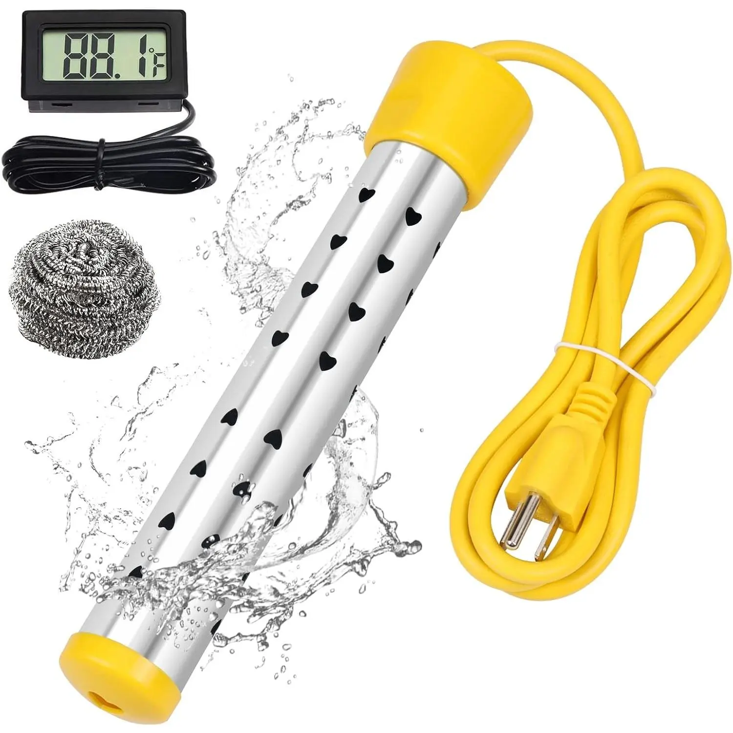 1500W Immersion Water Heater with Digital LCD Thermometer & Stainless Steel Guard - Fast Heating for Bathtub, Travel Camping Mini Pool, Bucket | Safe & Portable Heat 5 Gallons of Water in Minutes