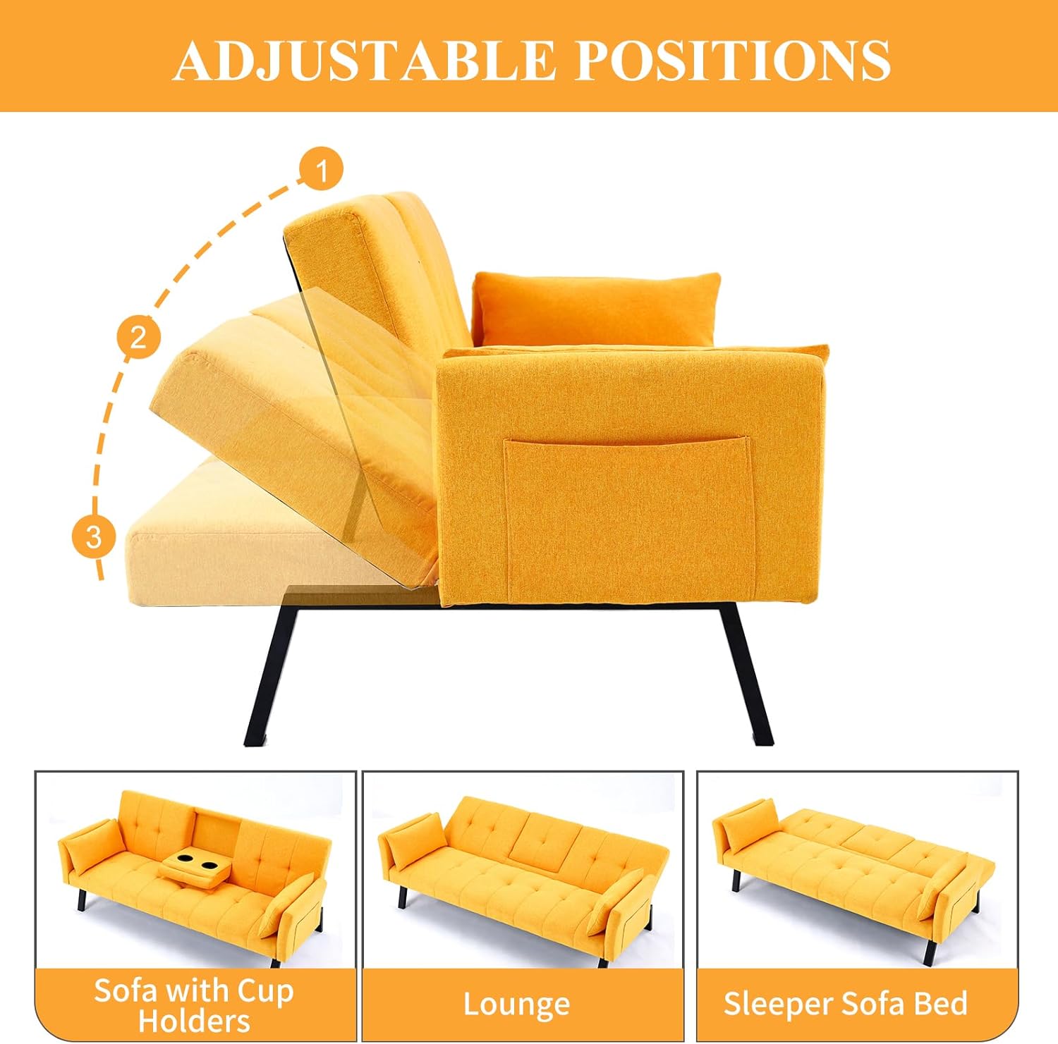 3 in 1 Futon Sofa Bed, Linen Fabric Couch Bed with Side Pocket, Convertible Sleeper Sofa with Dual Cup Holders & 2 Pillows, Adjustable Recliner Sofa for Living Room (Yellow)