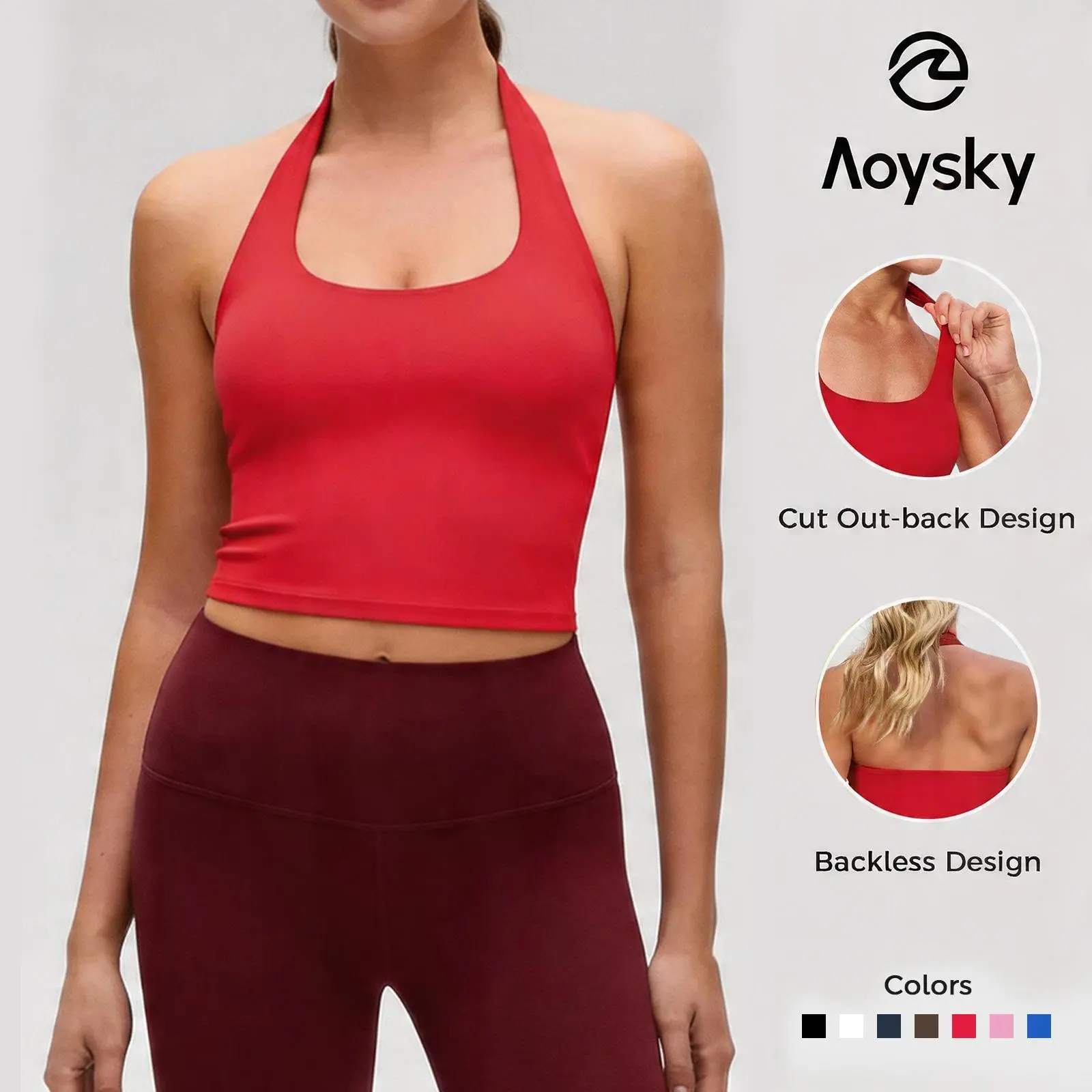 Aoysky Women's Buttery Soft Halter Cropped Workout Tank Top with Built-in Padded Bra, Open Back Longline Design, Breathable Polyester Blend Activewear Fitness Athletic Sports Clothing for Gym