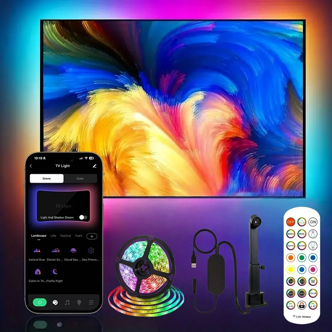 16.4ft Game Light Strip, USB LED TV Backlight for 55-65 Inch Tvs,Includes Remote Control，Color Sync, Ar Sensor, Bluetooth-compatible Control, Music Sync, Holiday Gift