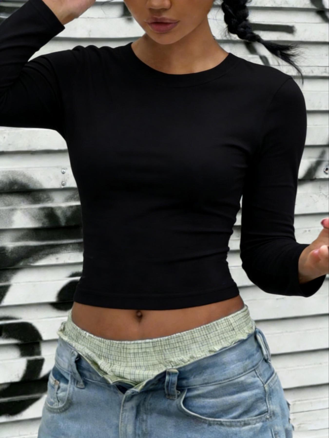 Women's Sexy Slim-Fit Round Neck Long Sleeve Top, Casual Loose Fit Short Shirt for All Seasons, Comfortable & Stylish Women's Clothing