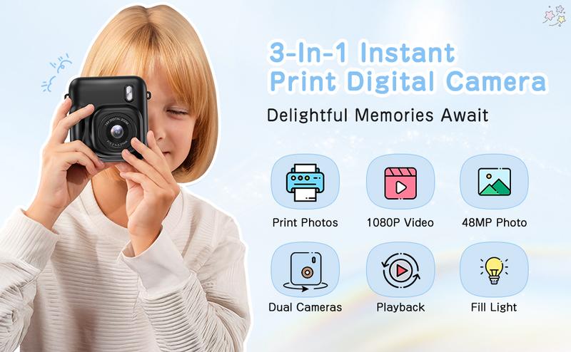 Camkory Instant Camera for Kids - 48MP Dual-Lens, 1080P Video, Selfie & Instant Print, Toddler Digital Camera Toy for Boys & Girls Age 3-12, Christmas Birthday Gift (Black)