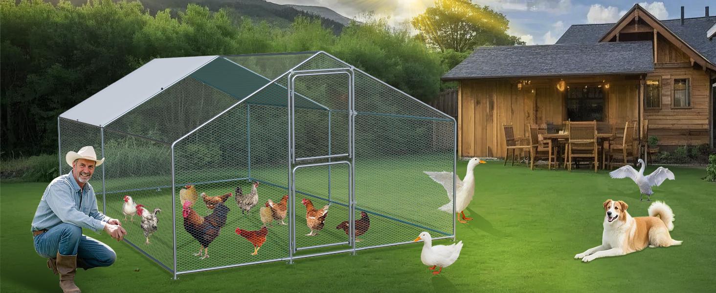 Chicken Coop Large Metal Chicken Run for 6/10 Chickens Poultry Cage with Waterproof Cover for Duck Walk-in Chicken Pen for Yard