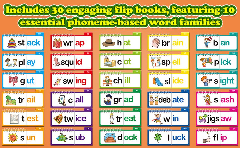 Zazopup Read and Rhyme Flip Books 30 Word Family Flash Cards for Early Literacy Phonics Games Sight Word Vocabulary Building，Educational Books and Educational Tools for K-12 Colorful