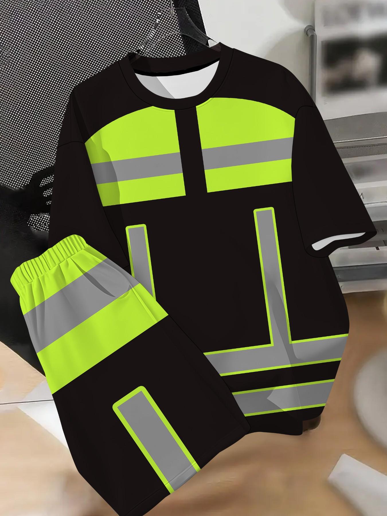 Reflective Safety Workwear Set for Men, Summer Fluorescent Short Sleeve Shorts Two-Piece Kit, Pocket Drawstring Waist, Ideal Gift