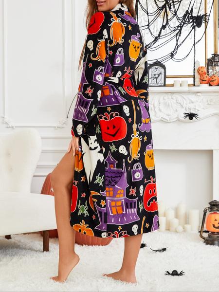 Women's Halloween Castle Witch Picture Pumpkin Monster Ghost Print Glow-in-the-Dark Dressing Gown Thickened Robe Autumn Fleece Warm Loungewear Casual Holiday Pyjamas