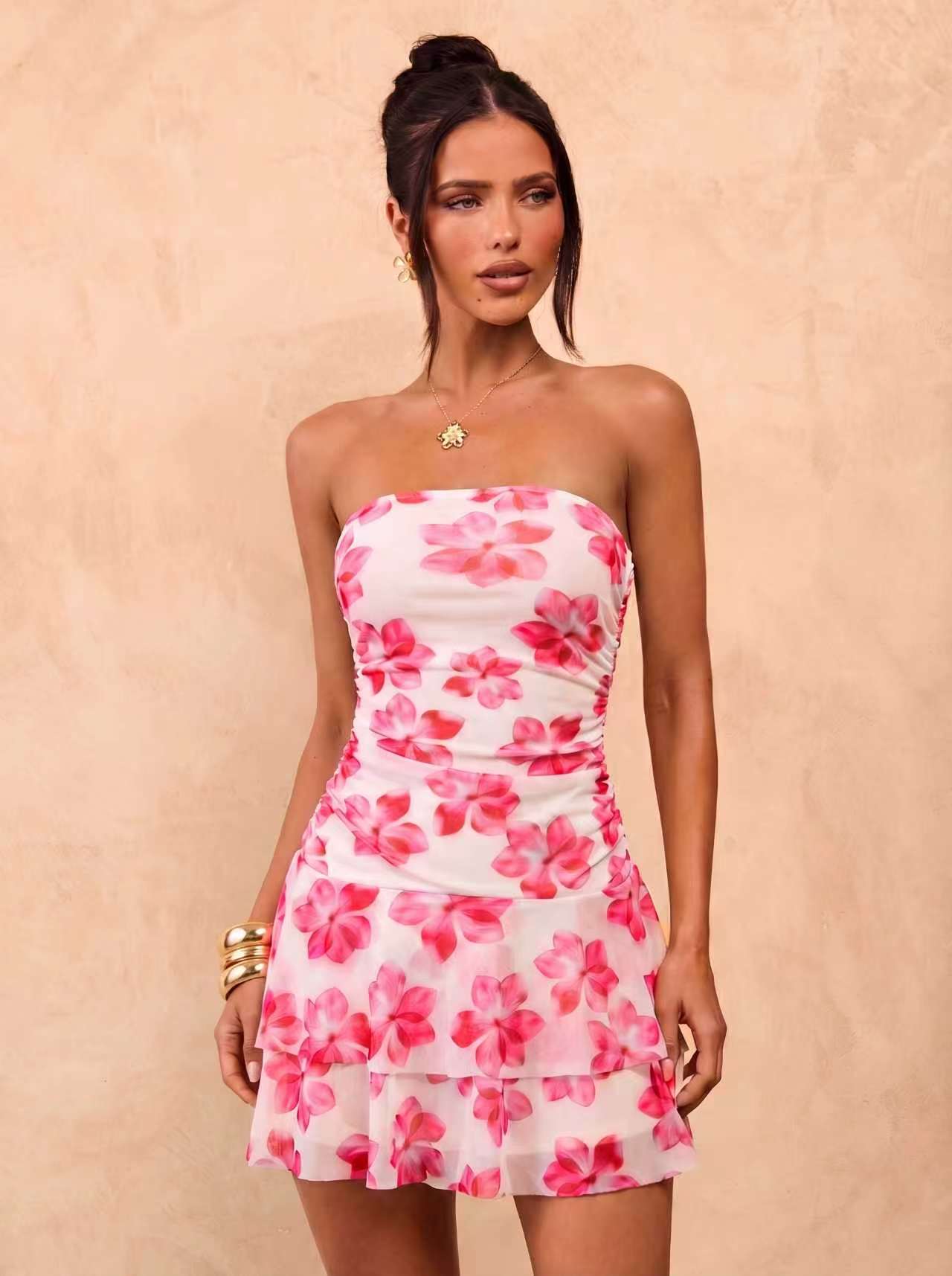 Bustier Mini Dress with Ruffles, Cute Sleeveless Summer Dress, Breakfast Lunch Dress, Valentine's Day, Women's Fashion, Womenswear, Elegant Strapless Dress, Chic Elegant Dress