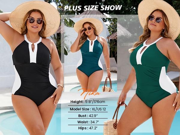 BMJL Plus Size Full Coverage Retro Color Block Swimwear Women Tummy Control Modest One Piece Swimsuit