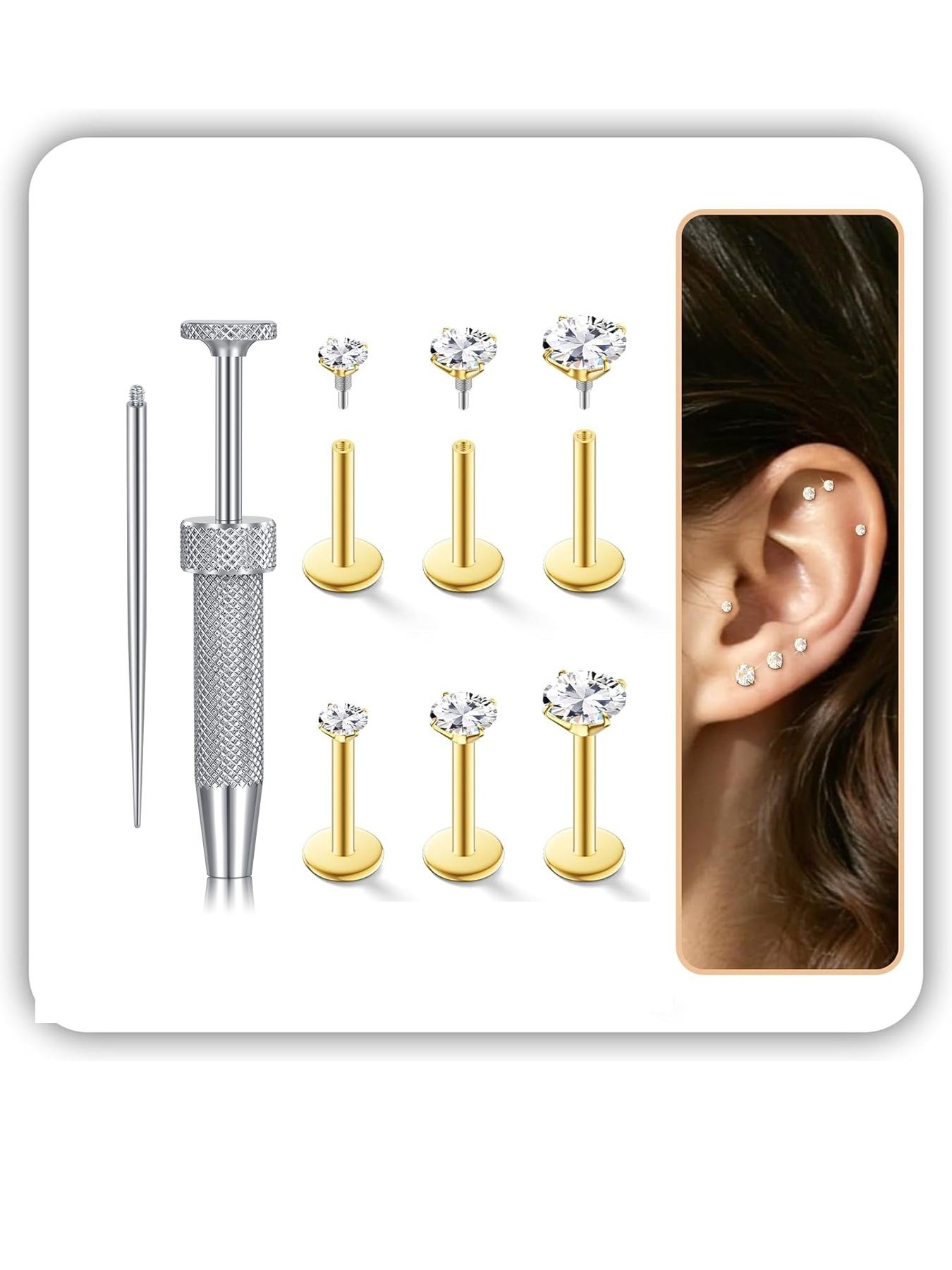 Hypoallergenic 18g Flat Back Stud Earrings Set, Body Jewelry, Surgical Steel Internal Thread Design for Tragus Helix Cartilage Conch Nose Piercings