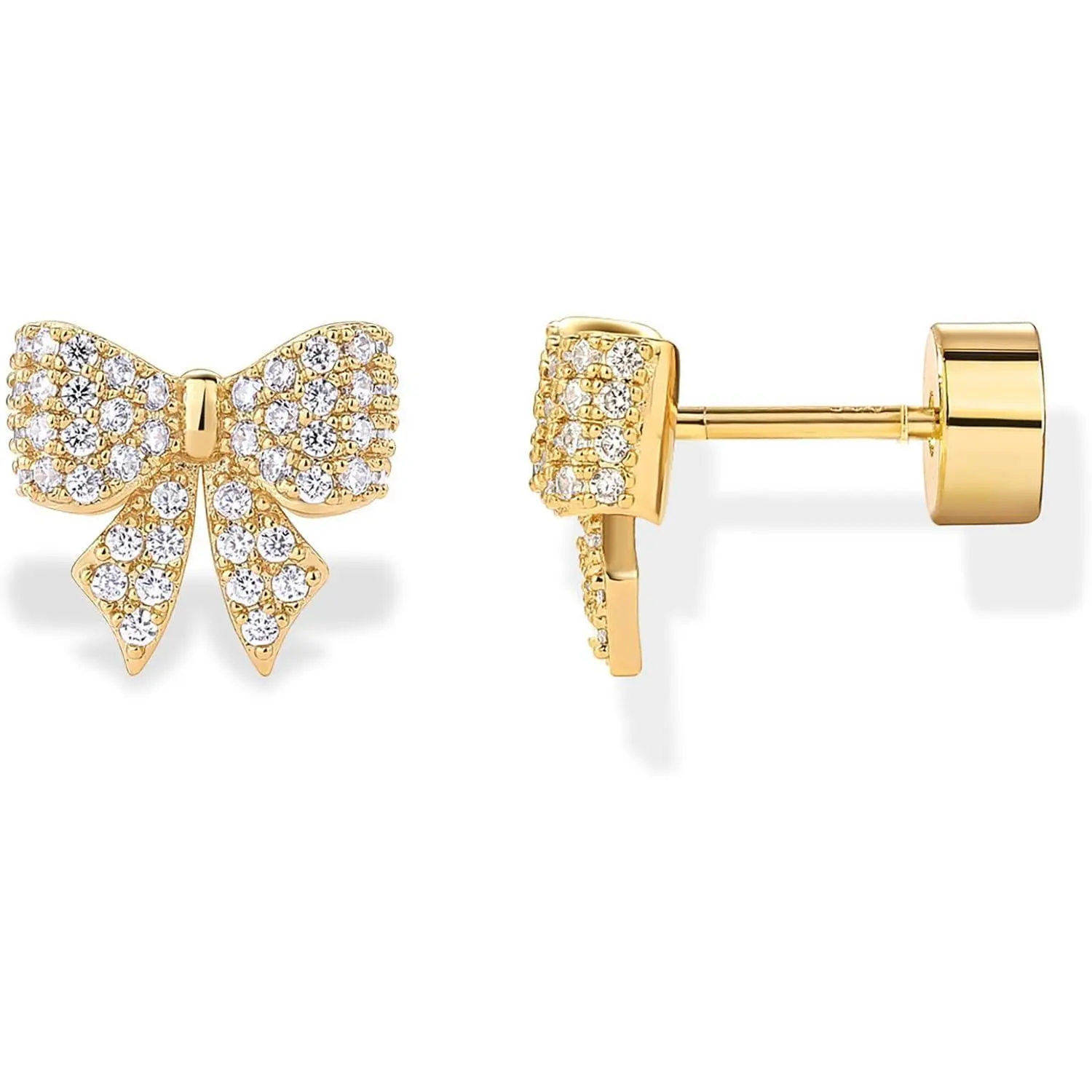 Gold Plated Dainty Flat Back Earrings for Women - Hypoallergenic Sterling Silver Posts Helix Cartilage Piercing Jewelry - Emoji Motif Bow Celestial Flatback Gold Stud Earrings Screw Back
