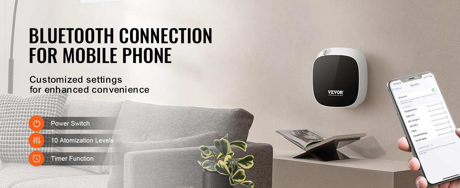 VEVOR Scent Air Machine, 100ml Bluetooth Smart Essential Oil Diffuser, 1000sq. ft Waterless Scent Diffuser with Cold Air Technology, Aromatherapy Diffuser Machine for Home, Office, Hotel, Spa