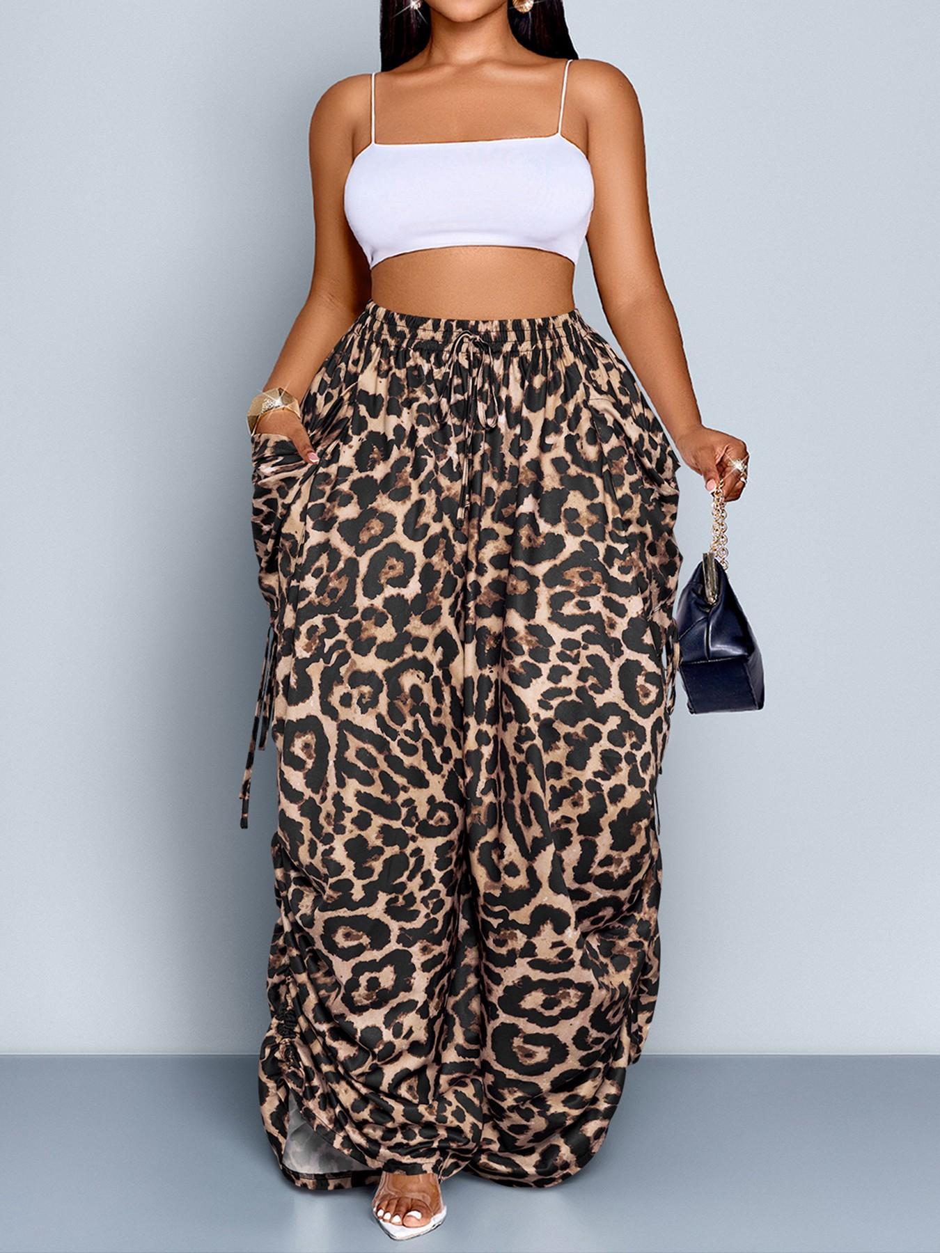Women's Plus Size Leopard Print Wide Leg Pants, High Waist Elastic Waist Adjustable, Loose-Fitting Long Pants, Casual All Seasons Fashion