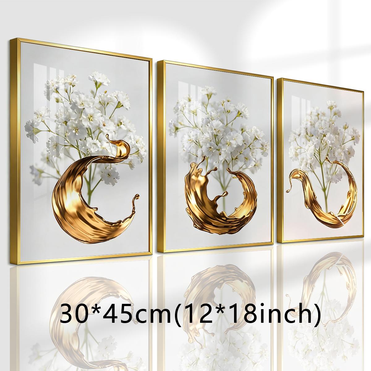 3 Counts Aluminum Alloy Framed Painting, White Flowers With Golden Liquid Art Pictures, Home Decoration For Living Room, Bedroom, Office, Restaurant, Hallway Wall Decor, Odorless Print Artwork, Luxury Perfect Gift For Friends And Family