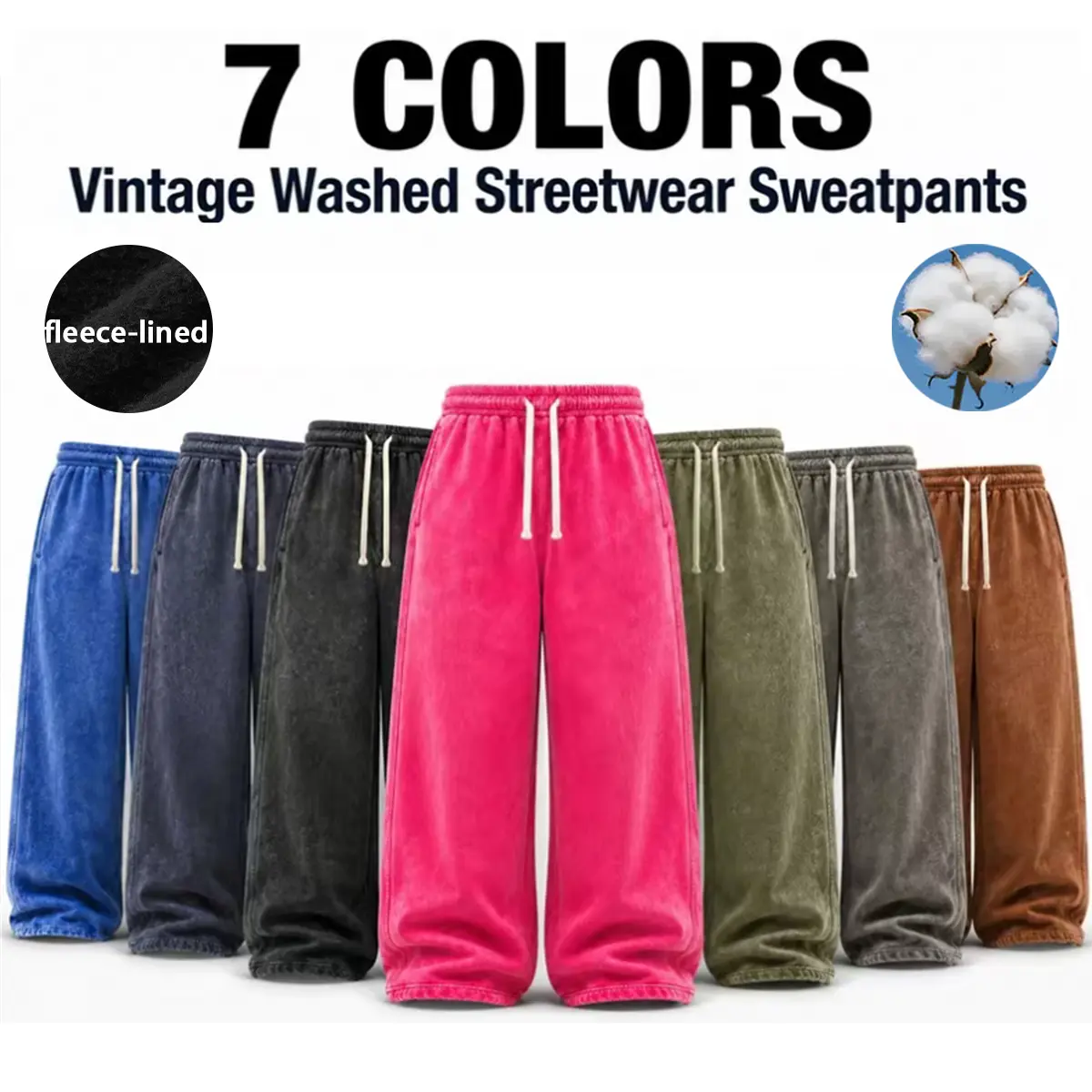 Men Cotton Fleece Lined Sweatpants 7 Colors Available Durable Washed Finish Vintage Loose Wide Leg Trousers Fleece Lining Warm Streetwear Sweatpants Elastic Waist Casual Bottoms For Workout Shopping And Trendy Daily Male Outfits