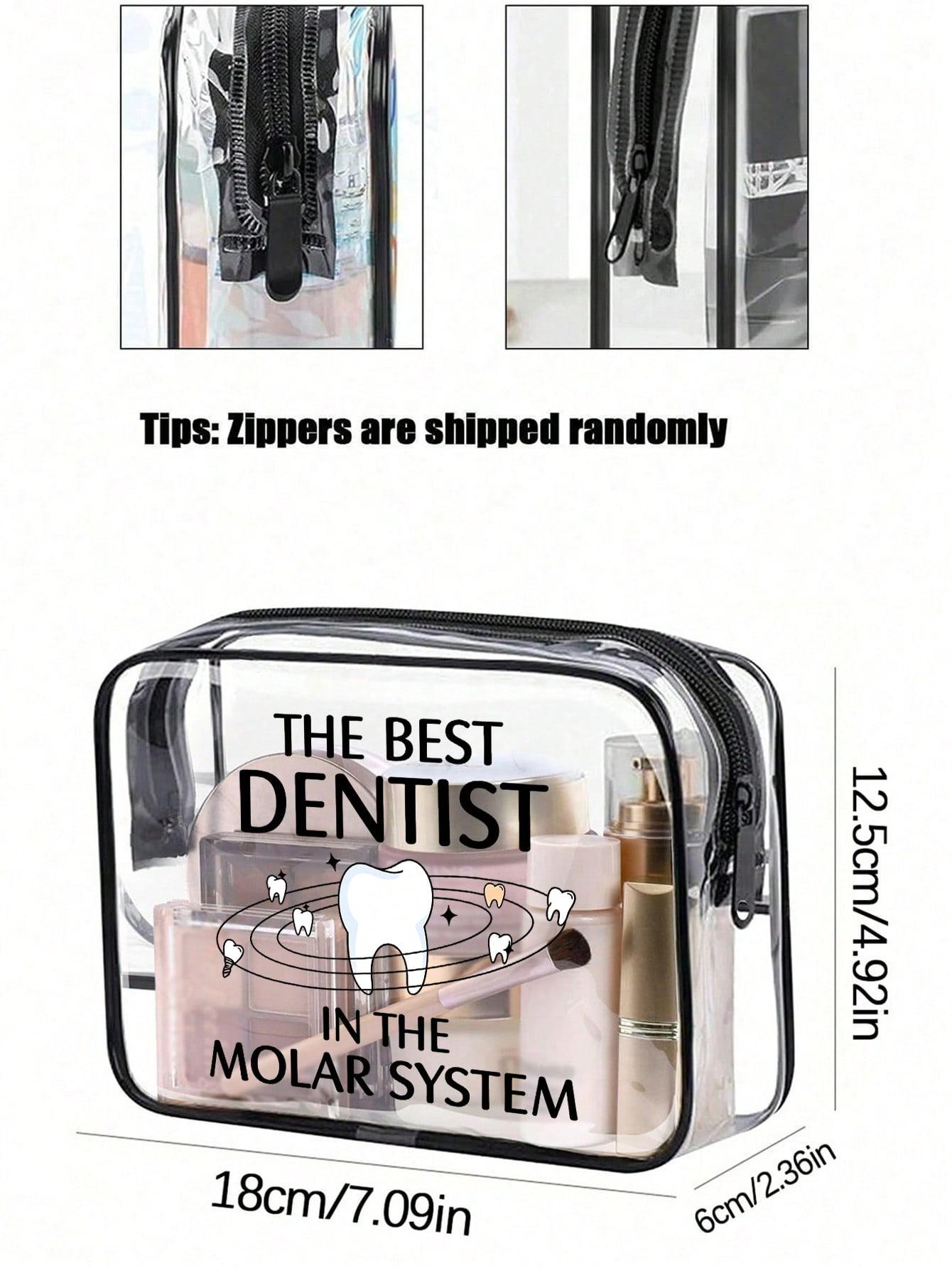Clear PVC cosmetic bag with fun "Galaxy's Best Dentist" print. Waterproof and portable with zipper. Ideal for dentists, dental students and oral care lovers for work, travel and beach use.