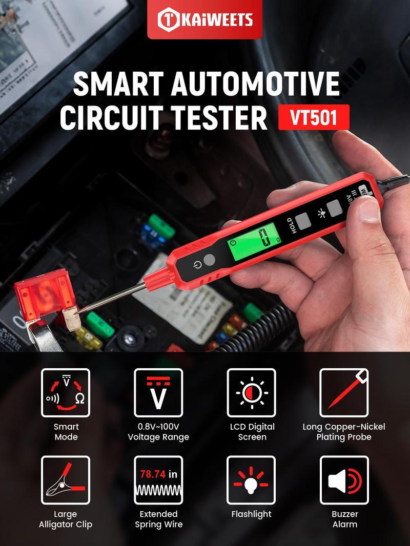 KAIWEETS 0.8-100V DC Car Automotive Circuit Tester, Smart Auto-Ranging Fuse Tester with Sharp Probe, Professional Vehicle Voltage Tester for Car Battery, Bidirectional Polarity Checker Tool for Voltage/Continuity/Resistance Detector with Audible Buzzer