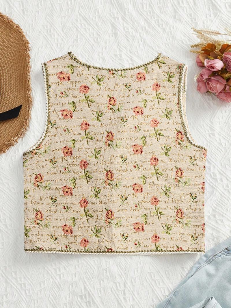 Women's Floral Pattern Tie Front V Neck Vest, Boho Sleeveless Outerwear for Beach Vacation Holiday, Ladies Clothes for All Seasons