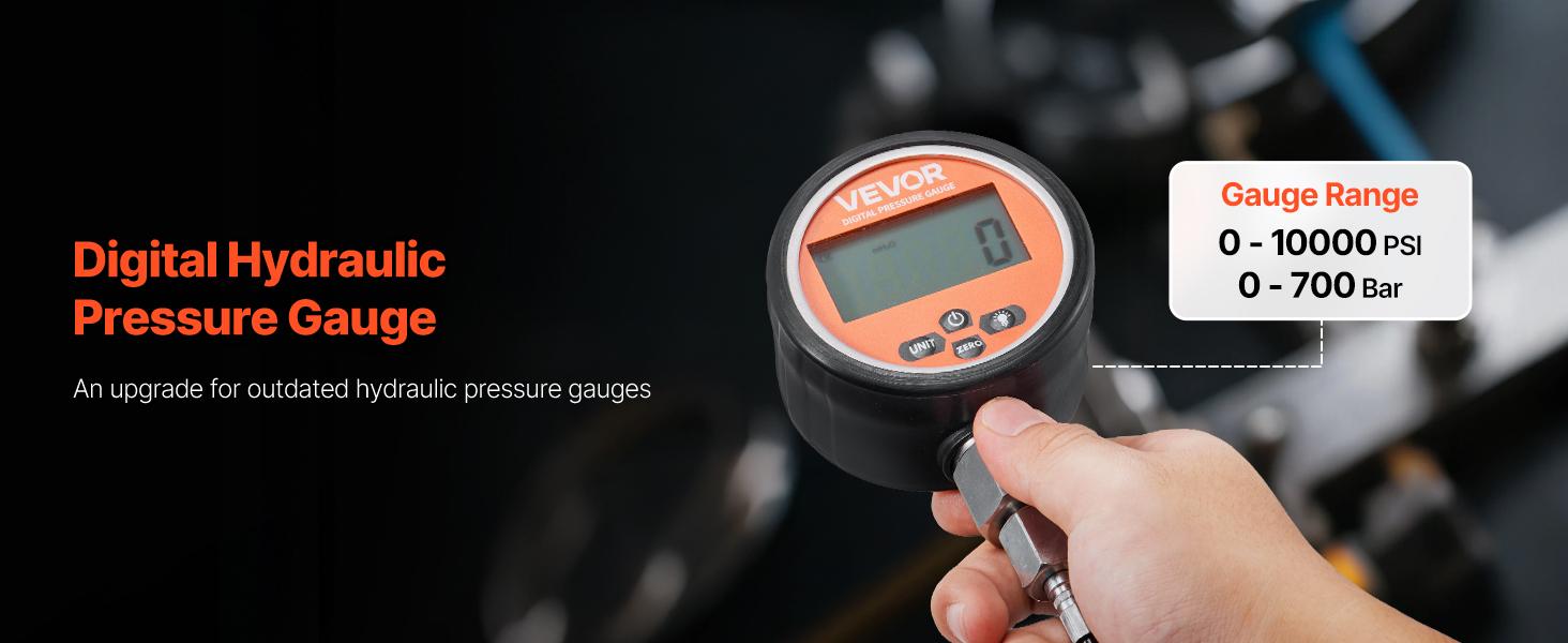 VEVOR Digital Hydraulic Pressure Gauge with Calibration, 0-10000 PSI (0-700 Bar) Stainless Steel Housing Sensor, 1/4 in NPT Standard Interface Backlit Display Manometer Tester for Excavator, Agricultural Machinery