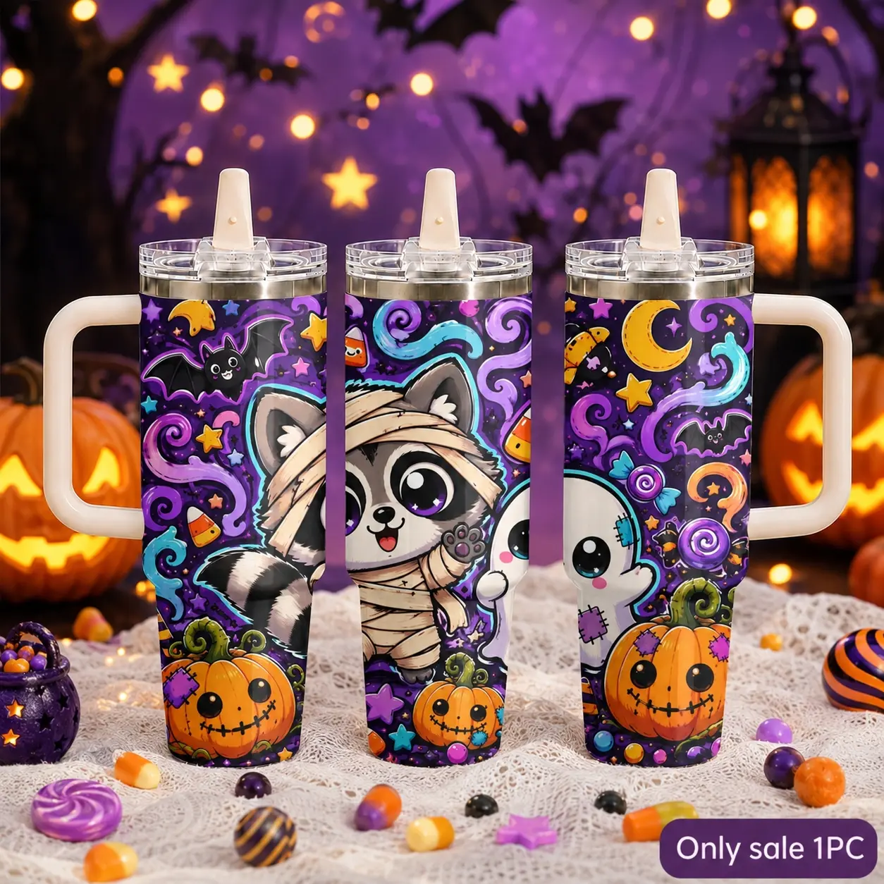Cute Halloween Animal Pumpkin 40oz Tumbler with Handle & Straw, Kawaii Ghost Raccoon Print Vacuum Insulated Stainless Steel Travel Cup, Leakproof Coffee Mug Fits Car Cup Holder for Fall Gifts