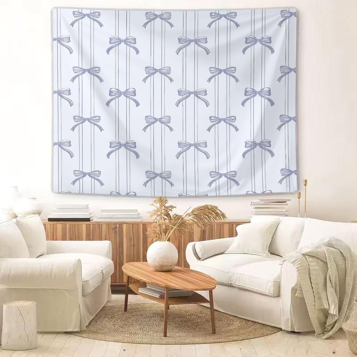 Bow Print Wall Tapestry, Minimalist Bedroom Wall Decor with Heart Accents, Aesthetic Gift for Girls