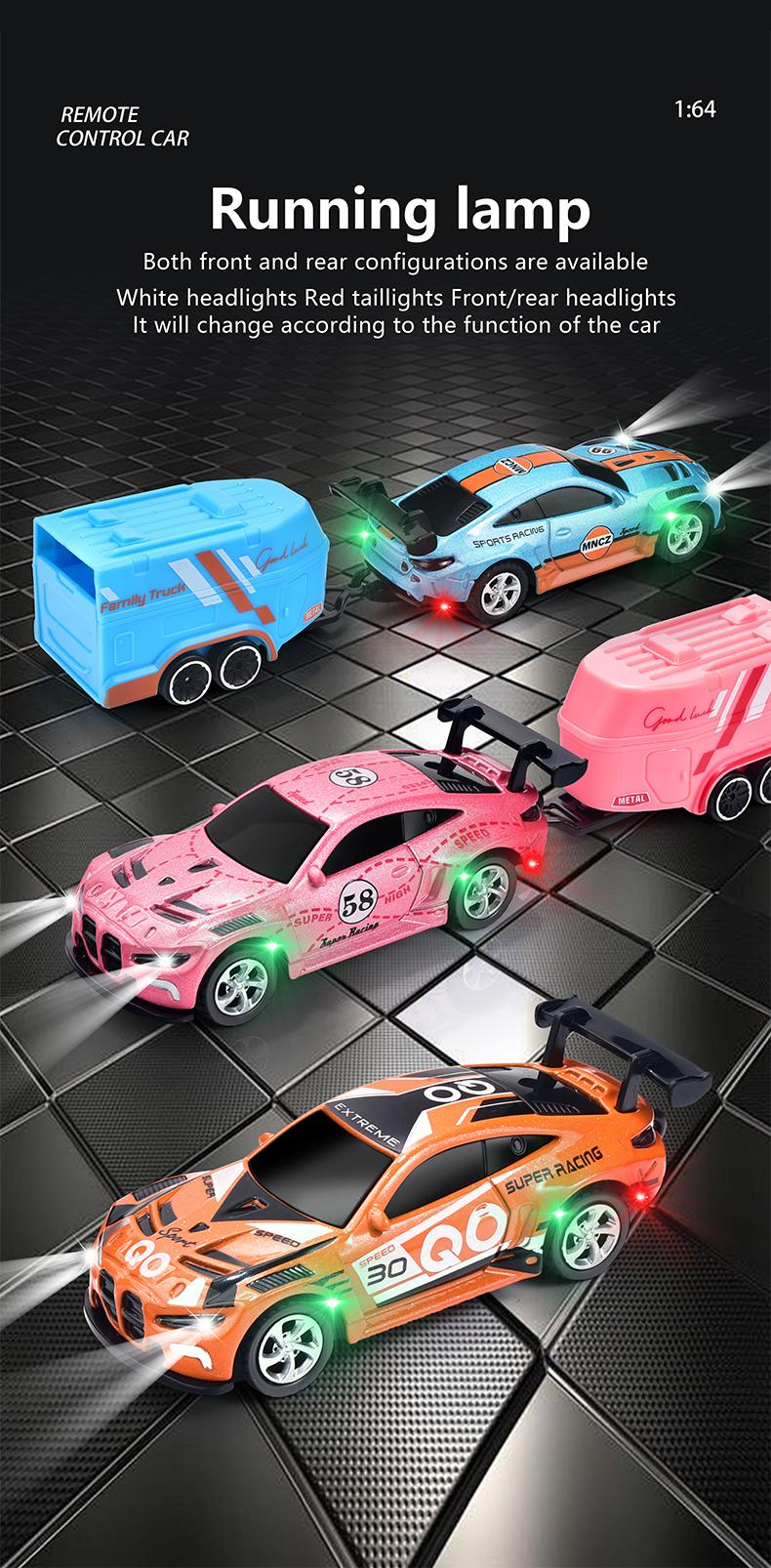 Hotfree 1/64 Mini RC Drift Car, Alloy M4 Racing Car with Trailer, 2.4GHz Remote & APP Control Truck, 3-Speed Modes, LED Lights, USB-C Charging, Indoor & Outdoor Toy, Birthday Christmas Gift for Kids & Adults