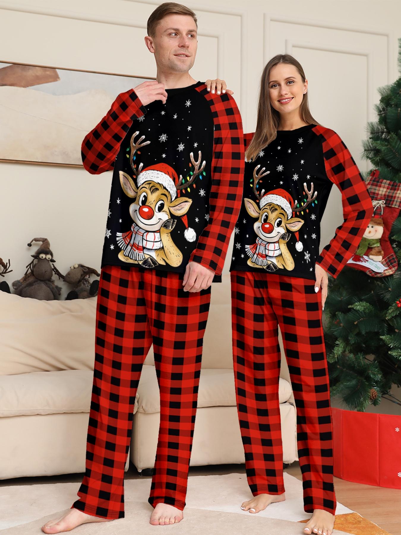 Plaid Reindeer Christmas Pajama Set, Cartoon Deer Print, Soft Long Sleeve Sleepwear, Family Matching, All Seasons