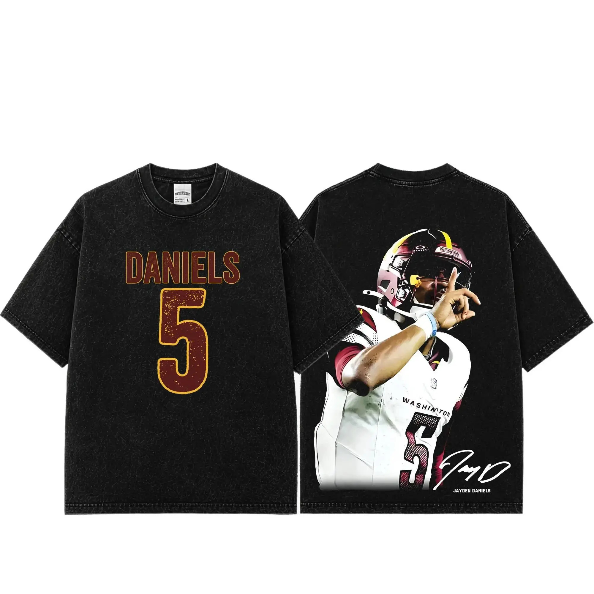 [Sale Up To 50%] Unisex Jayden Daniels # 5 Premium Acid Washed Cotton T-Shirt, Heavyweight Vintage Washed Graphic Tee, JD5 Football Fan Shirt, Commanders Game Day Apparel, Oversized Streetwear Tee, Unisex Football Gift