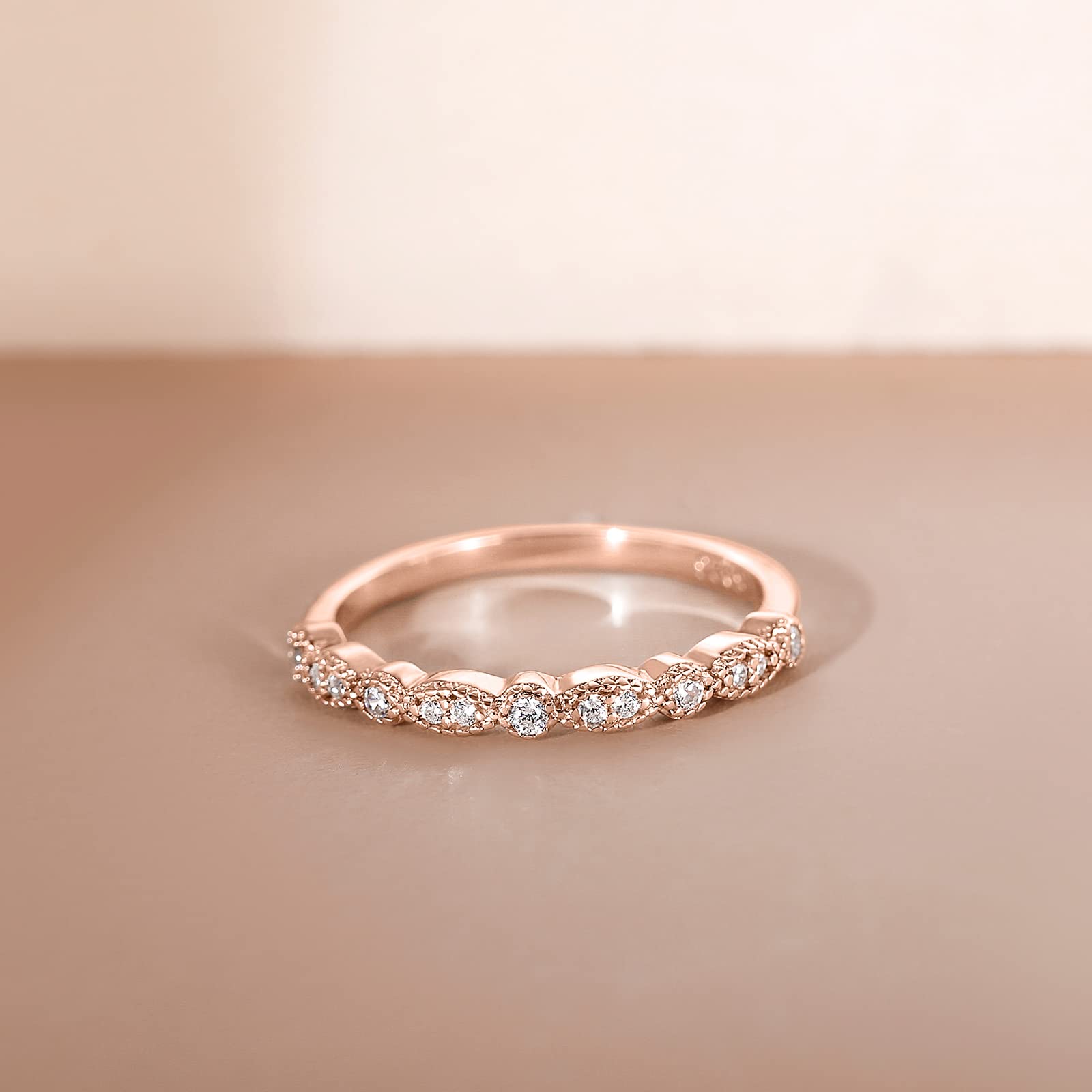 EAMTI 925 Sterling Silver Wedding Band for Women Cubic Zirconia Marquise & Round Milgrain Half Eternity Stackable Ring