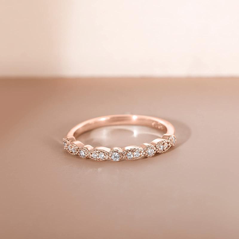 EAMTI 925 Sterling Silver Wedding Band for Women Cubic Zirconia Marquise & Round Milgrain Half Eternity Stackable Ring