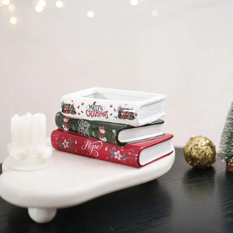 Bohemian Style Ceramic Vase, Christmas Book Stack Design, Ideal for Succulents & Hydroponics, Home Decor, Wedding, Holiday Gift