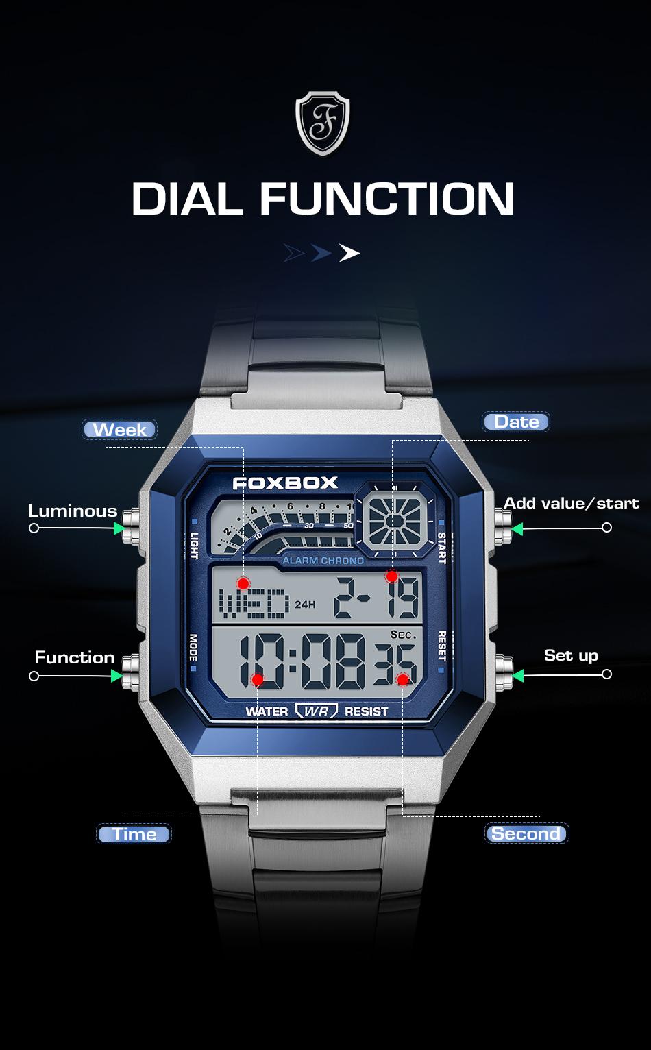 FOXBOX Men's Digital Fashion Watch - Alloy Case and Strap, Water-Resistant Design, Backlight, Time/Date/Weekday Display for Students and Adults FOXBOX Men's Digital Fashion Watch - Alloy Case and Strap, Water-Resistant Design, Backlight, Time/Date/Weekday Display for Students and Adults