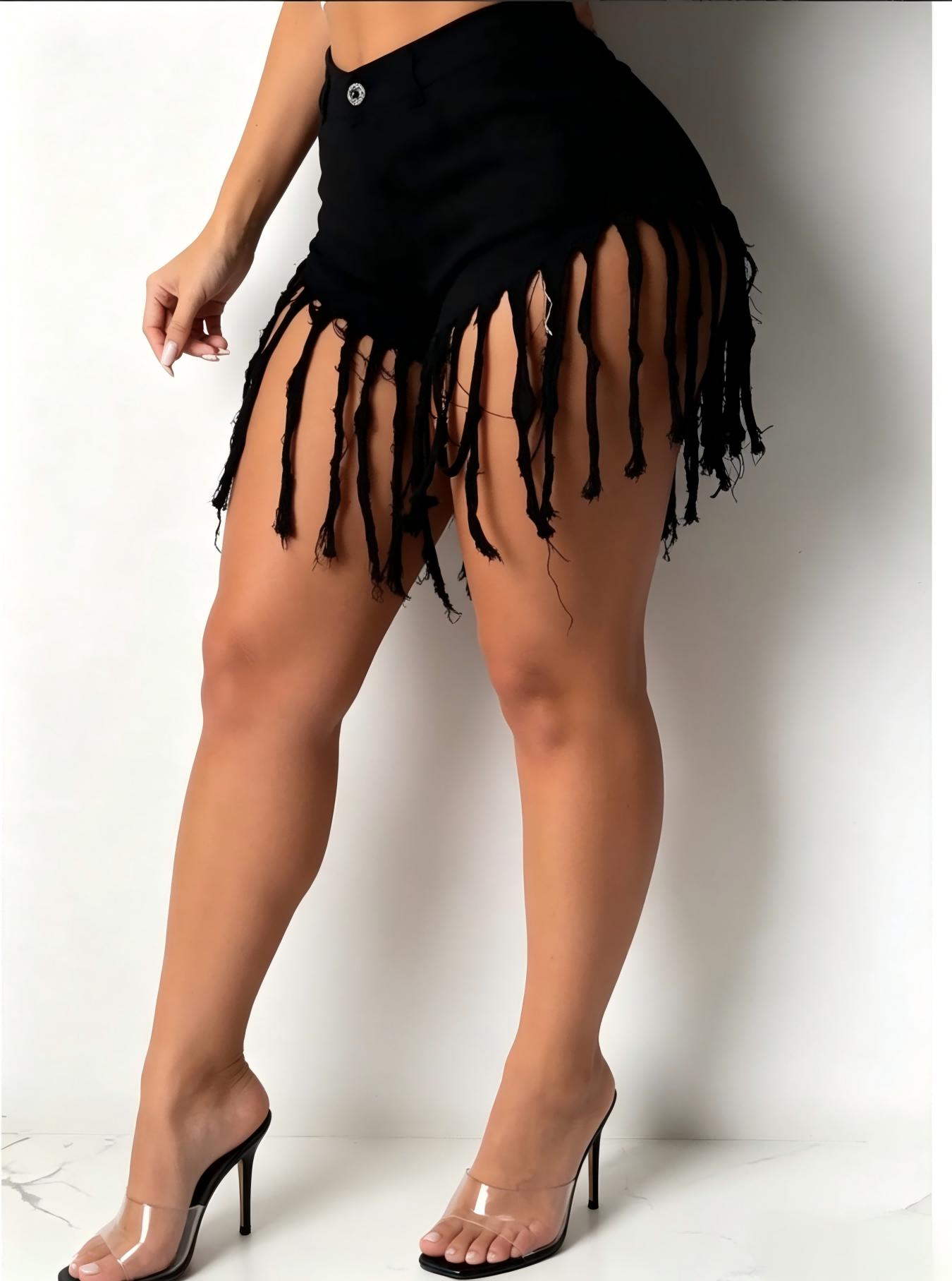 D333  Women's Cotton Denim Ultra-Short Slim-Fit Stretch Sports Shorts - Fringed Hem, High Street Look, Versatile American Fashion Style
