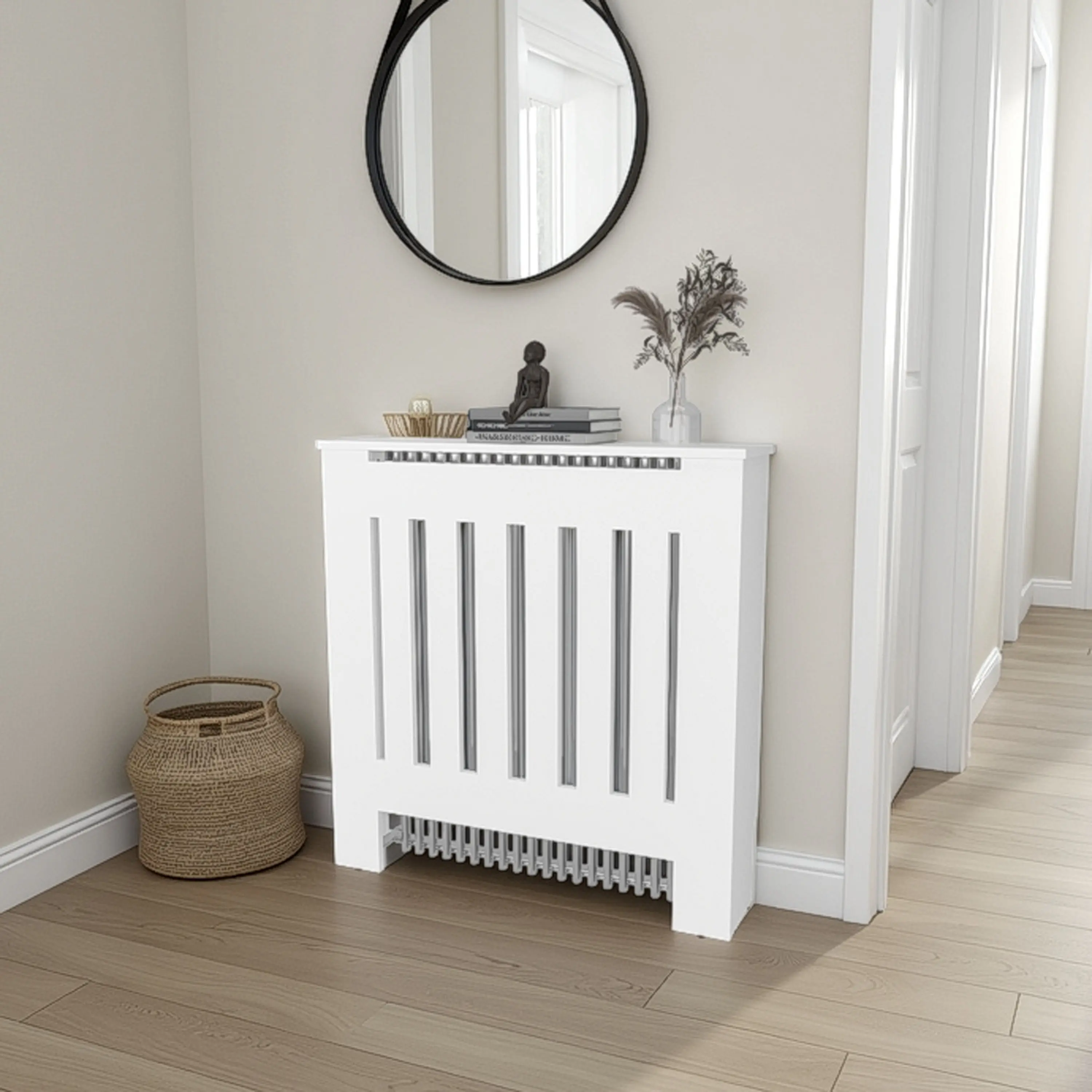 Nokaa Radiator Cover Cabinet with 1 Open Shelf, White Engineered Wood, Compact Modern Design for Living Room Bedroom Home Office, 31W x 7.6D x 32.2H Inches, Ready to Assemble