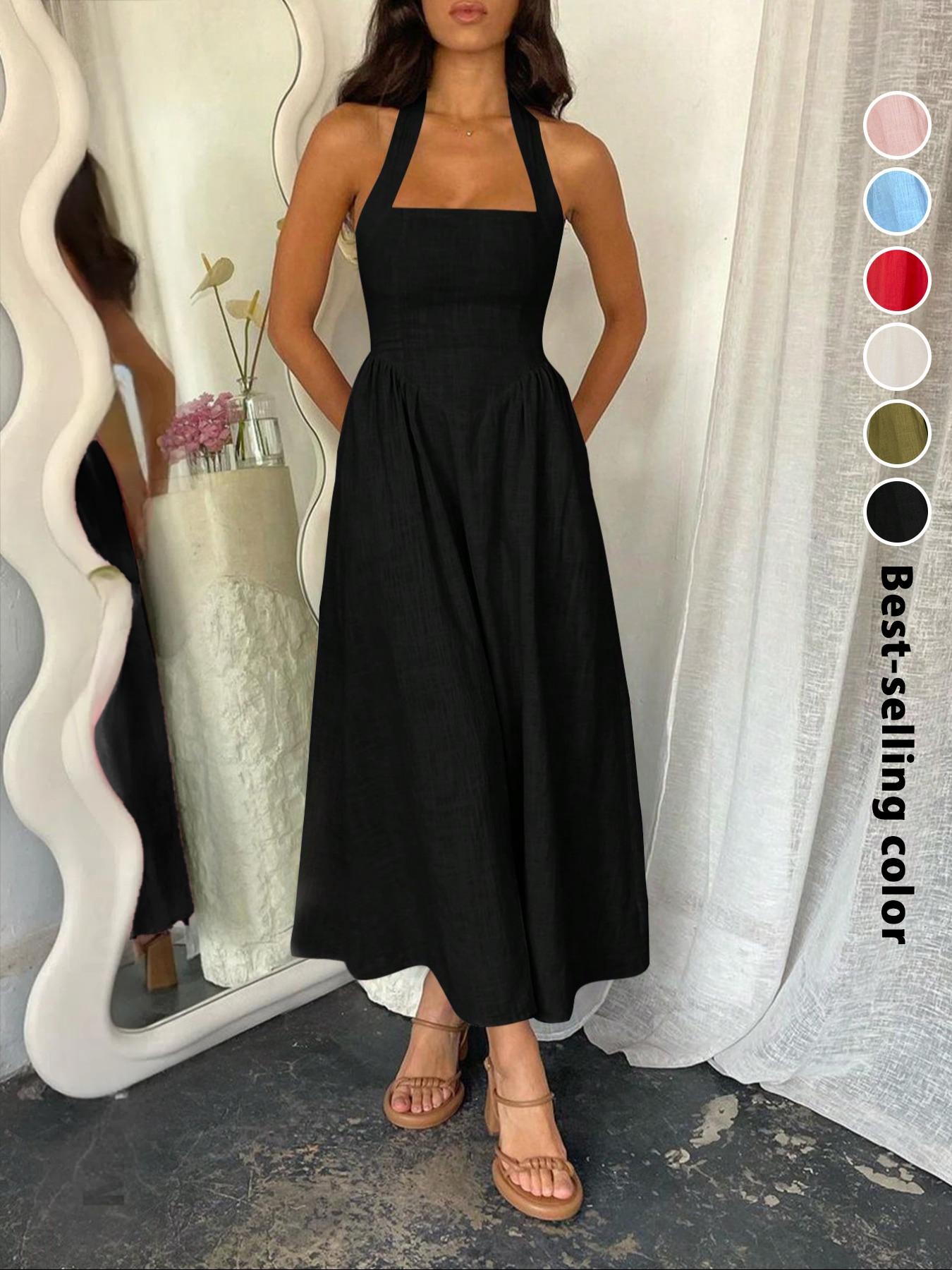 Women's Plain Pocket Zipper Back Dress, Casual Sleeveless Halter Neck A Line Dress for Summer, Ladies Clothes for Beach Holiday, Brunch Dresses, Casual Wear