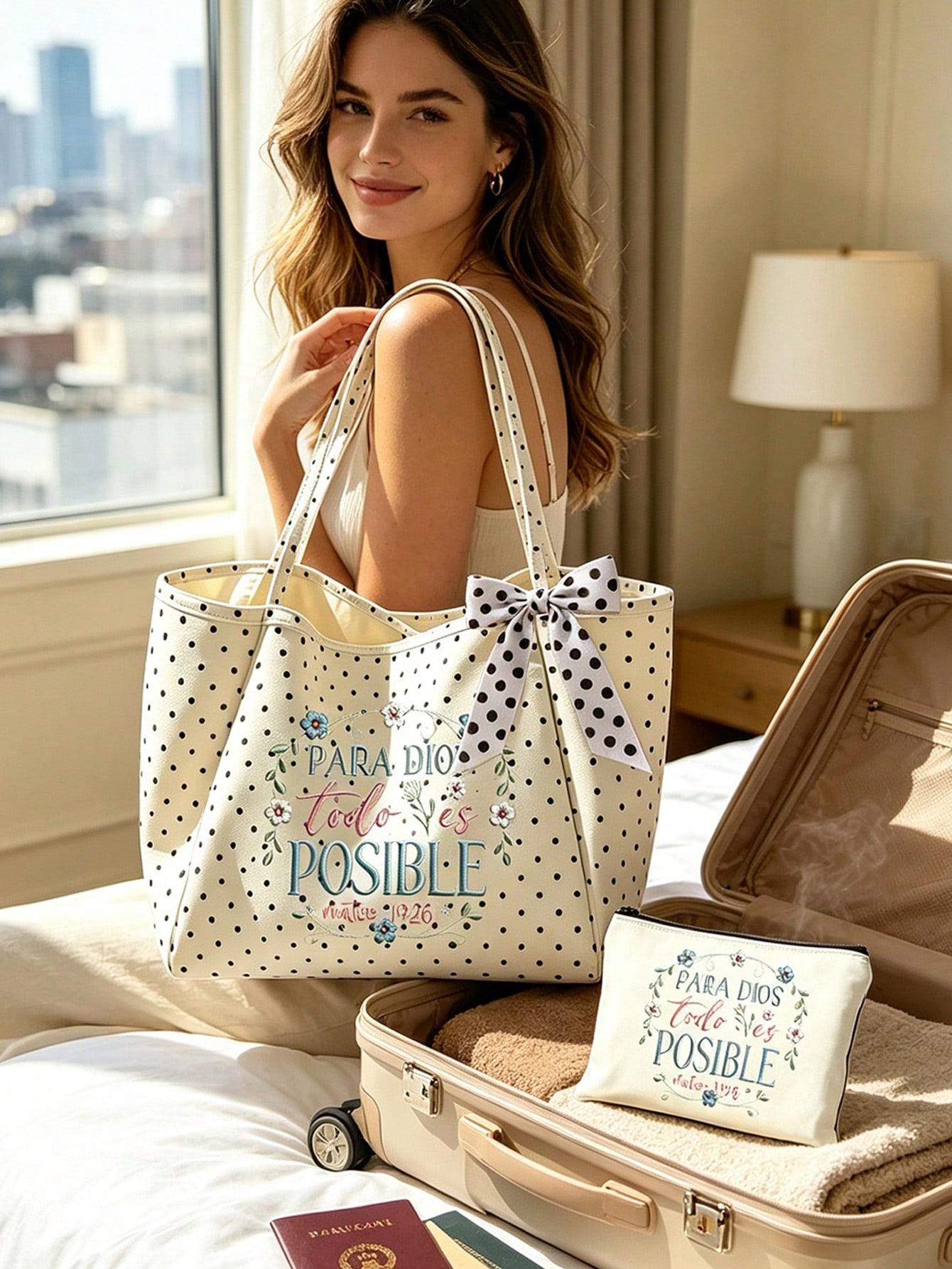 All For God Floral Polka Dot Tote Bag Set, White Dot Bow Faith Bible Shoulder Bag with Embroidered Wreath Makeup Pouch, Spanish Scripture Handbag for Church Travel Gift